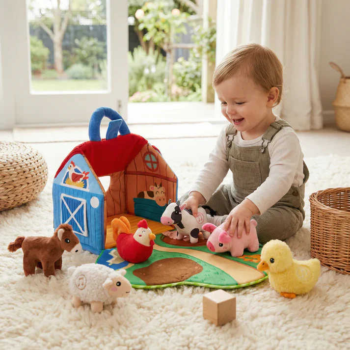Montessori Musical Plush Barn Interactive Farm Animal Playset for Babies & Toddlers