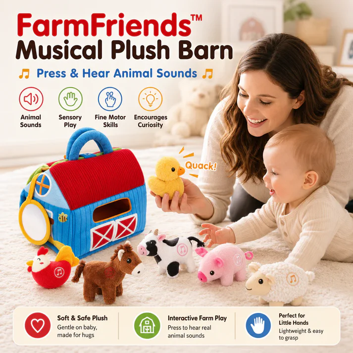 Montessori Musical Plush Barn Interactive Farm Animal Playset for Babies & Toddlers