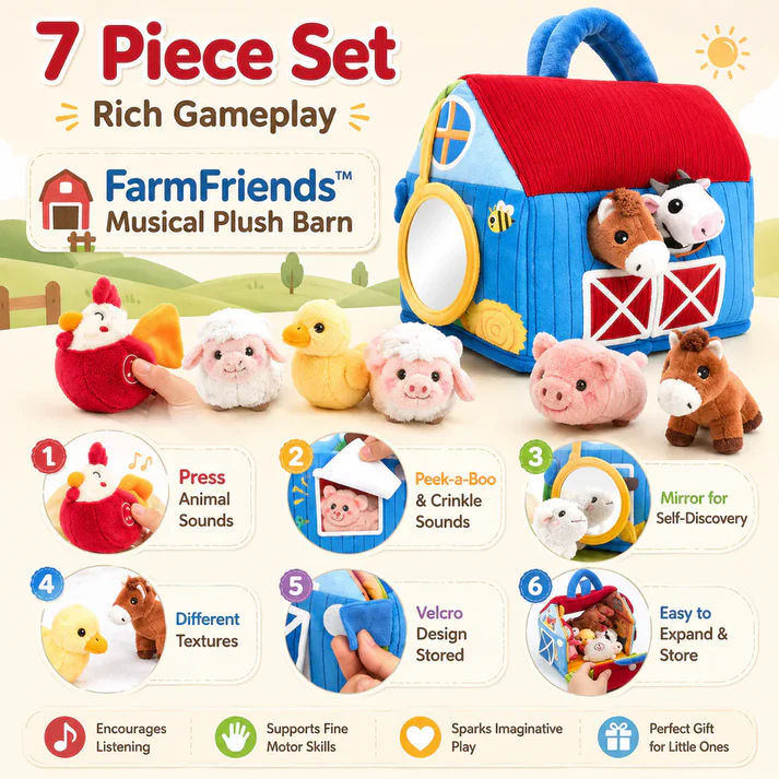 Montessori Musical Plush Barn Interactive Farm Animal Playset for Babies & Toddlers